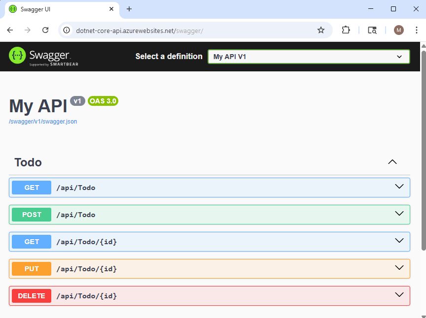 Screenshot of an ASP.NET Core API running in Azure App Service.