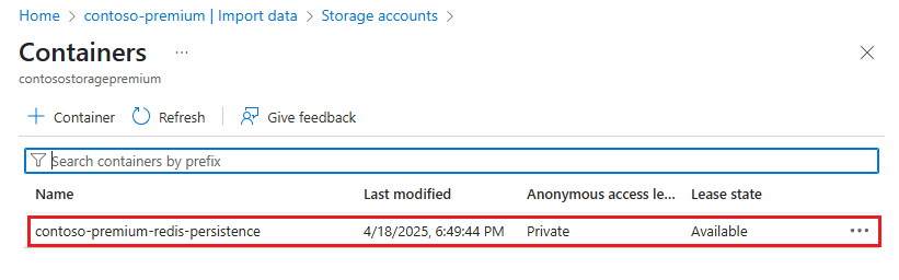 Screenshot showing a list of containers in the storage account.