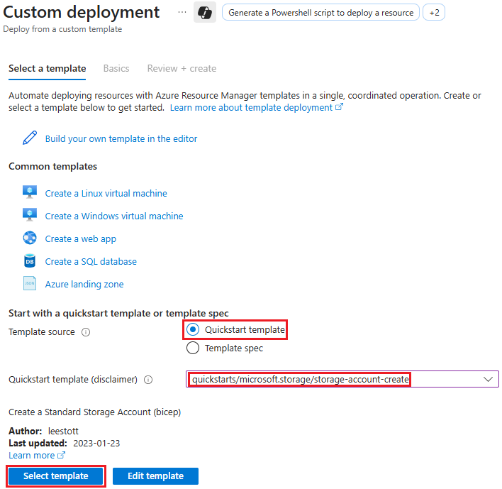 Screenshot of selecting a Quickstart Template in Azure portal.