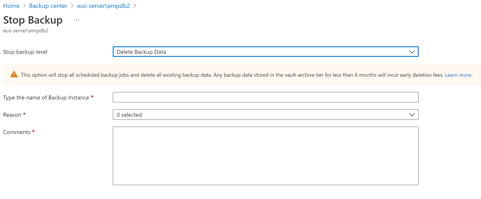 Screenshot of the pane for entering details about deleting backup data.
