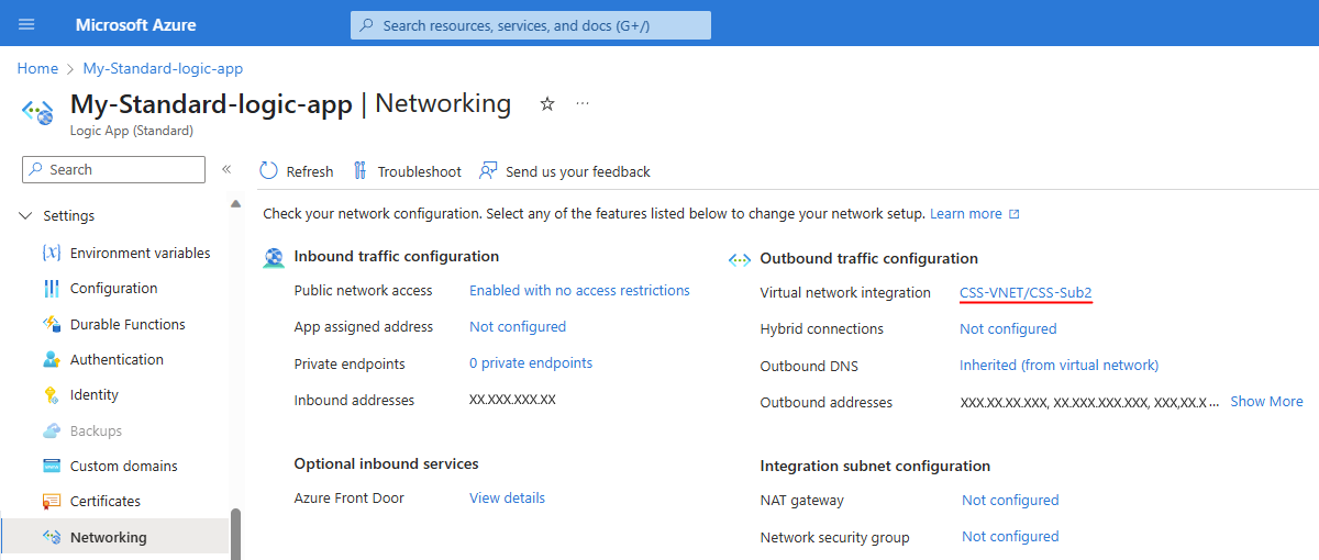 Screenshot shows Azure portal, Standard logic app resource, Networking page with selected virtual network and subnet.