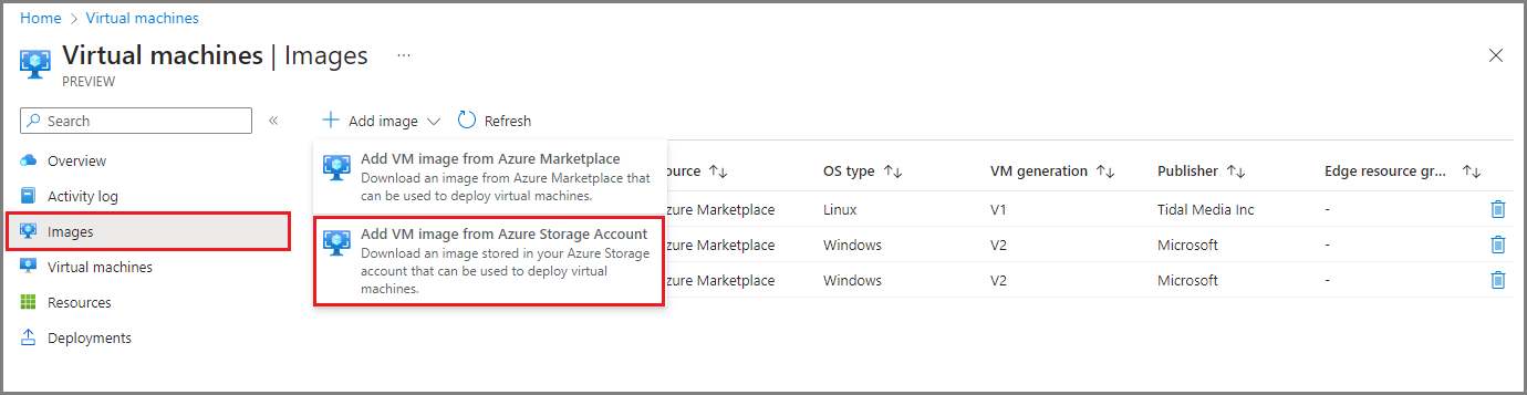 Screenshot showing the option to add a VM image from Azure Storage Account on the Virtual machines page of an Azure Stack Edge device in Azure portal.