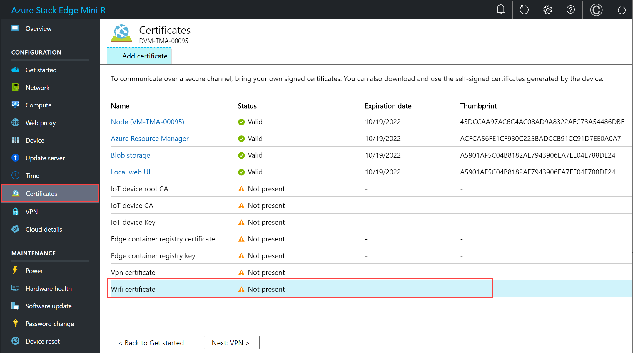 Local web UI "Certificates" page 1