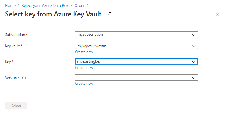 Screen capture of the options used when utilizing an existing Azure Key Vault for providing a customer-managed key in the Data Box export order's Security tab.