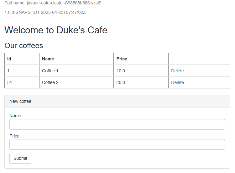 Screenshot of the Java liberty application home page.