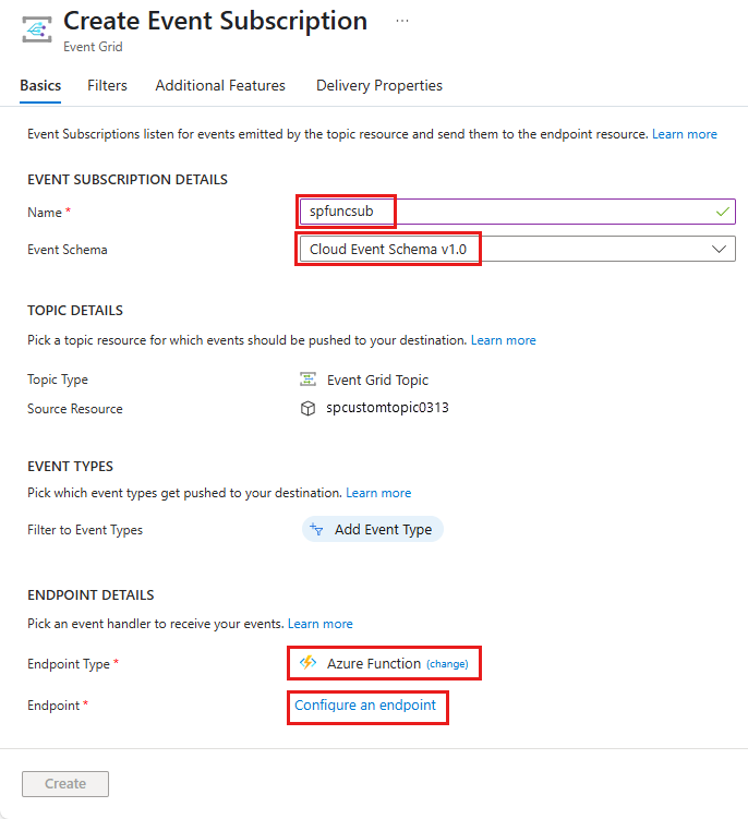 Screenshot that shows the Create event subscription page.