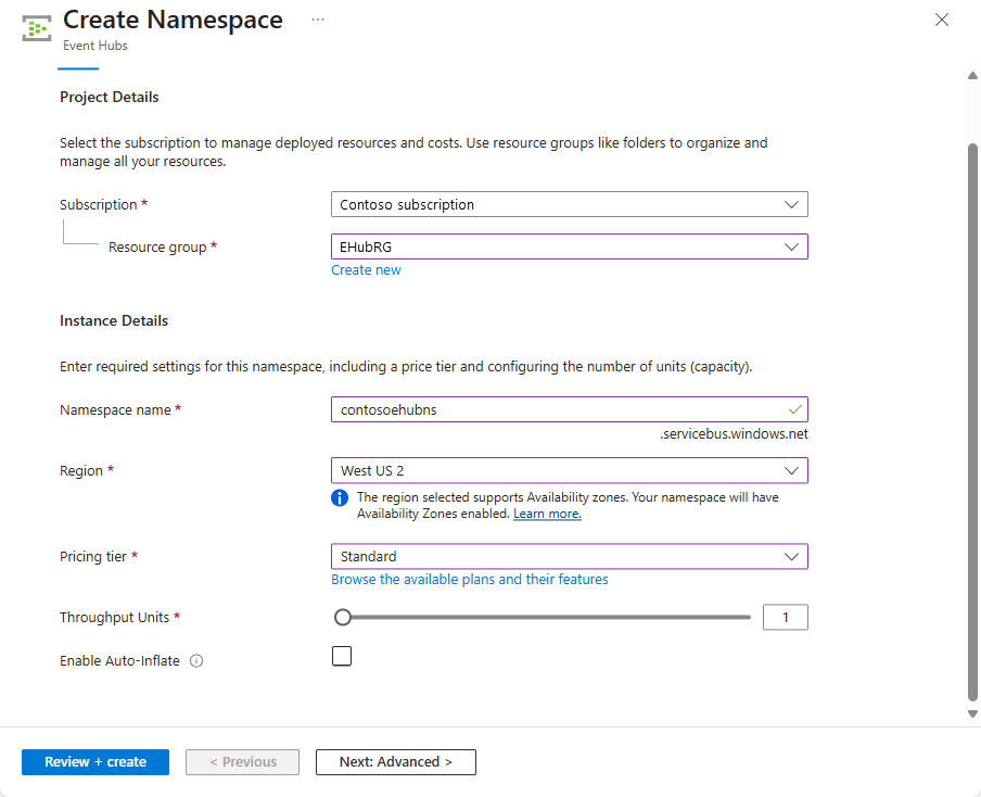 Screenshot of the Create Namespace page in the Azure portal.