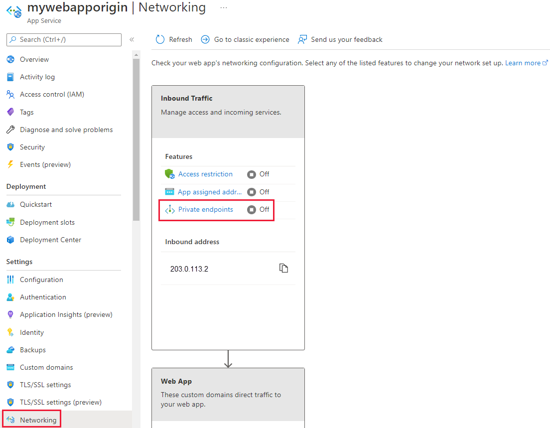 Screenshot of networking settings in App Service.