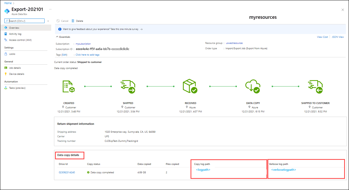 Screenshot showing a completed export job in Azure Import Export. In Data Copy Details, the Copy Log Path and Verbose Log Path are highlighted.