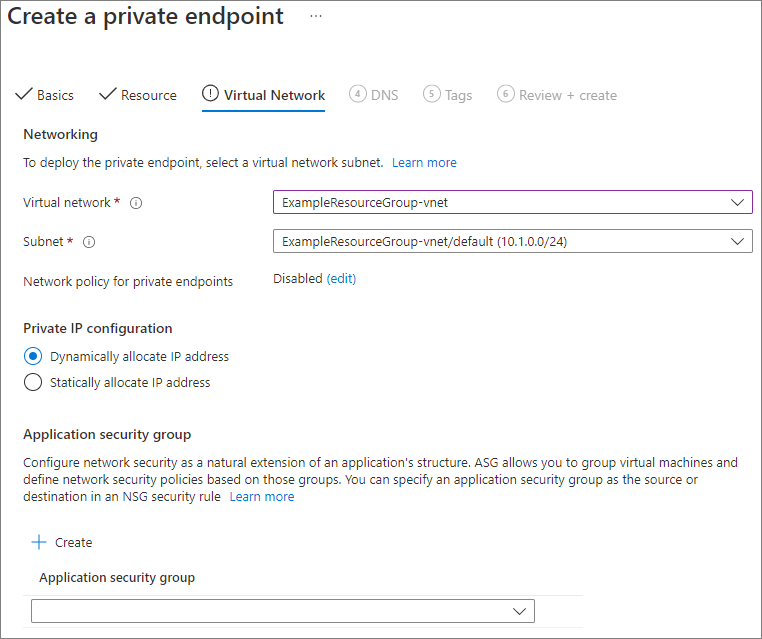 Screenshot showing how to provide virtual network, subnet, and IP address details for the new private endpoint.