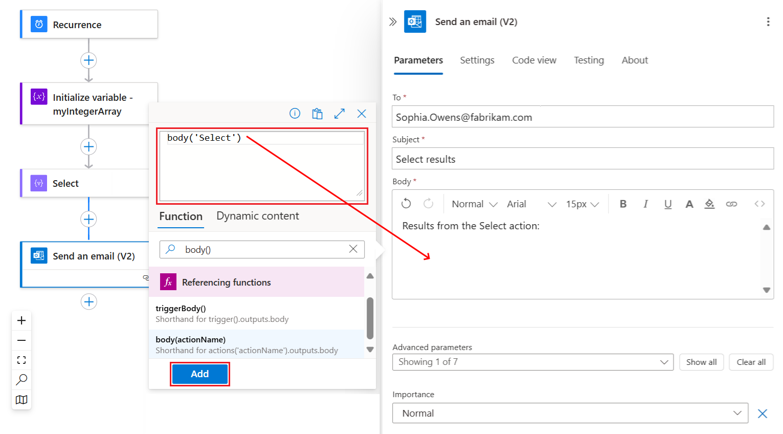 Screenshot shows workflow with action named Send an email, and action outputs from the Select action.