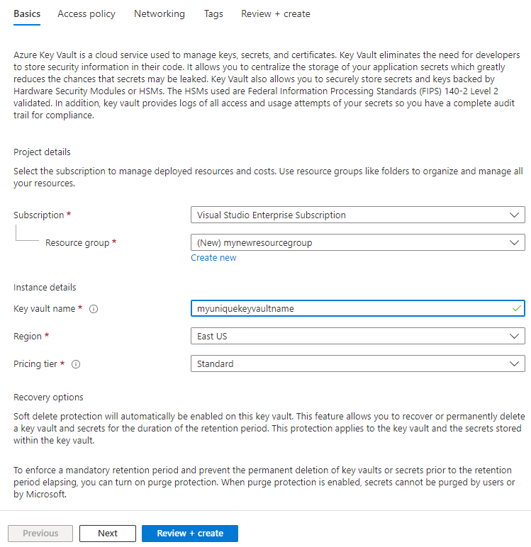 Screen shot showing how to create a key vault.