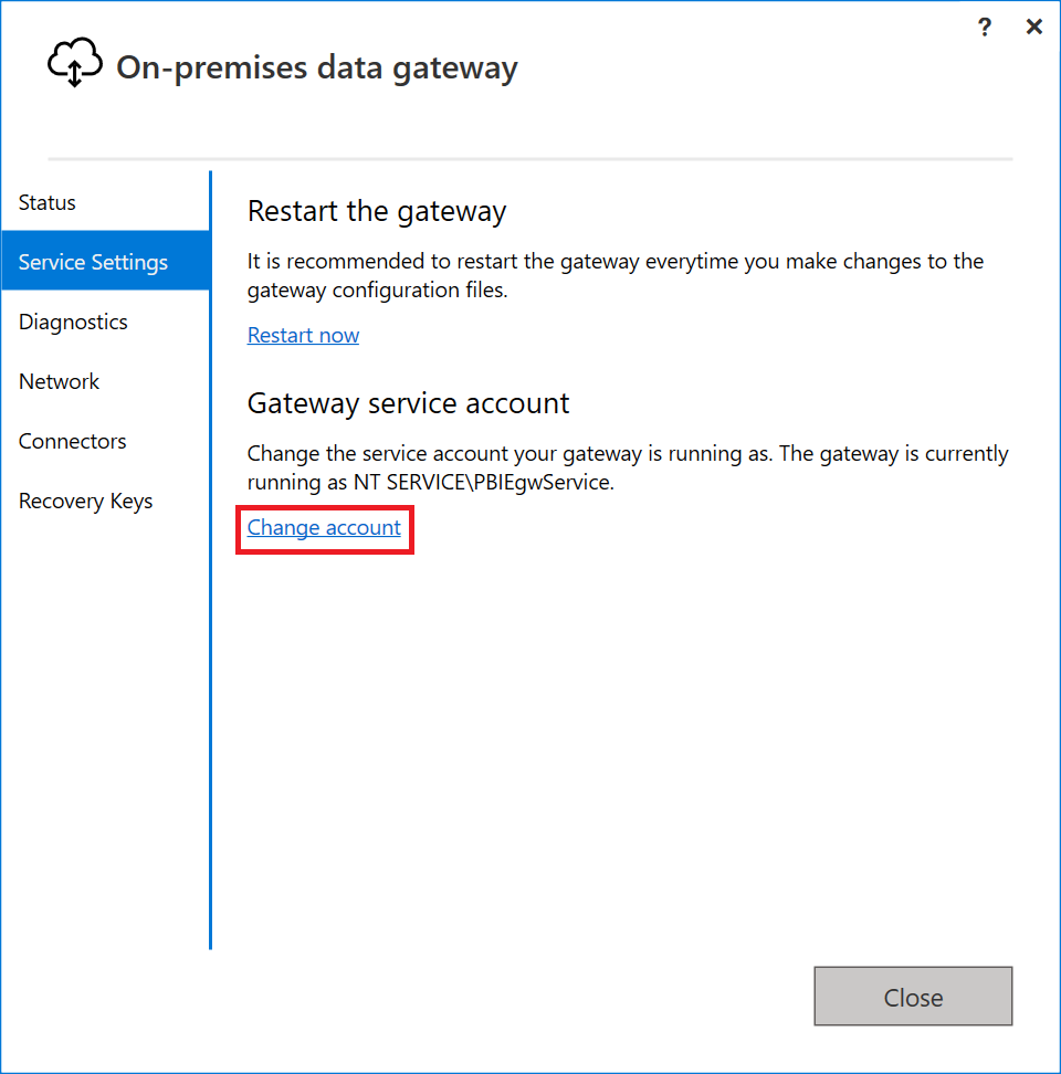 Screenshot of the on-premises data gateway app with the Change account option emphasized.