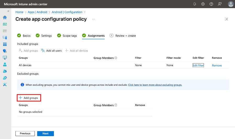 Screenshot of the Create app configuration policy on the Assignments tab.