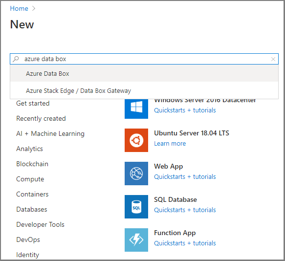 Screen capture of the search results displayed when creating a new Data Box order.