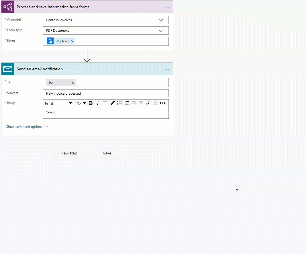 Add the expression above into the input field of an action in your cloud flow. Remember to replace the first parameter of the expression by the document processing output you want to remove the currency symbol. Animation of the Replace currency expression.