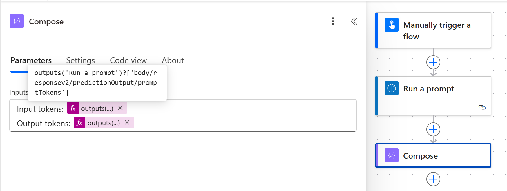 Screenshot of token formulas input and output in a Power Automate cloud flow.