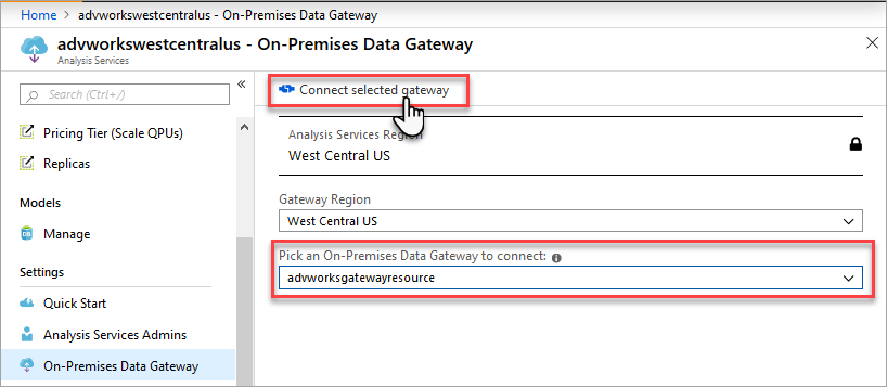 Screenshot showing Connect server to gateway resource.