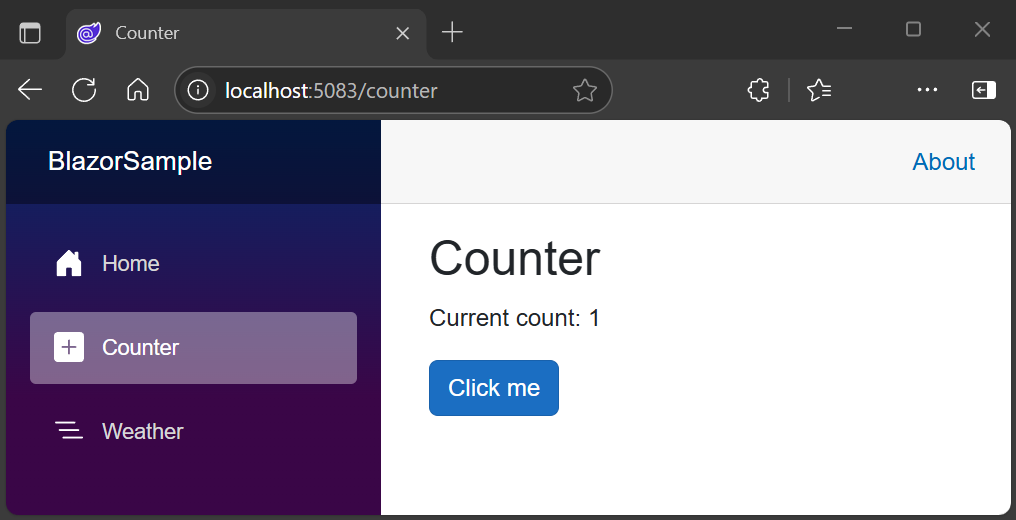 Counter page rendered after the 'Click me' button is selected once, showing the counter incremented to a value of one.