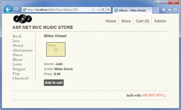 Screenshot of the album selection window, showing the album's name, genre, artist, and price, with an option to add to cart.