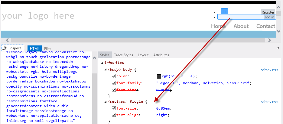 Finding the style Screenshot showing the Page Inspector window in inspection mode and selecting the Register and Log in links to access Styles.css code.