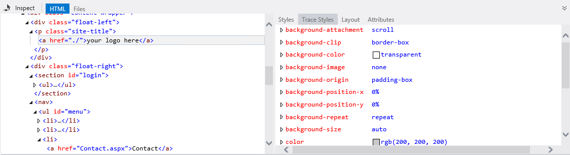 CSS styles tracing of the selected element CSS styles tracing of the selected element
