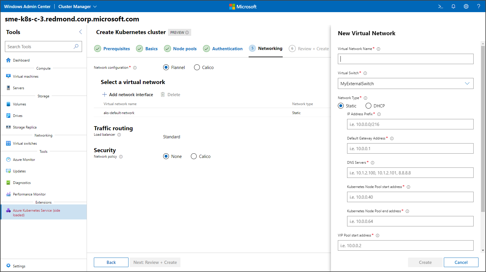 Screenshot showing the networking, static page of the Kubernetes cluster wizard.