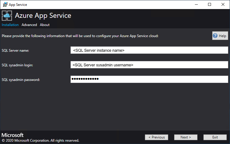 Enter SQL Server info in Azure App Service Installer