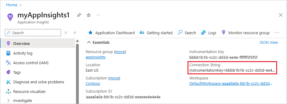 Screenshot that shows the connection string on the Application Insights Overview tab.