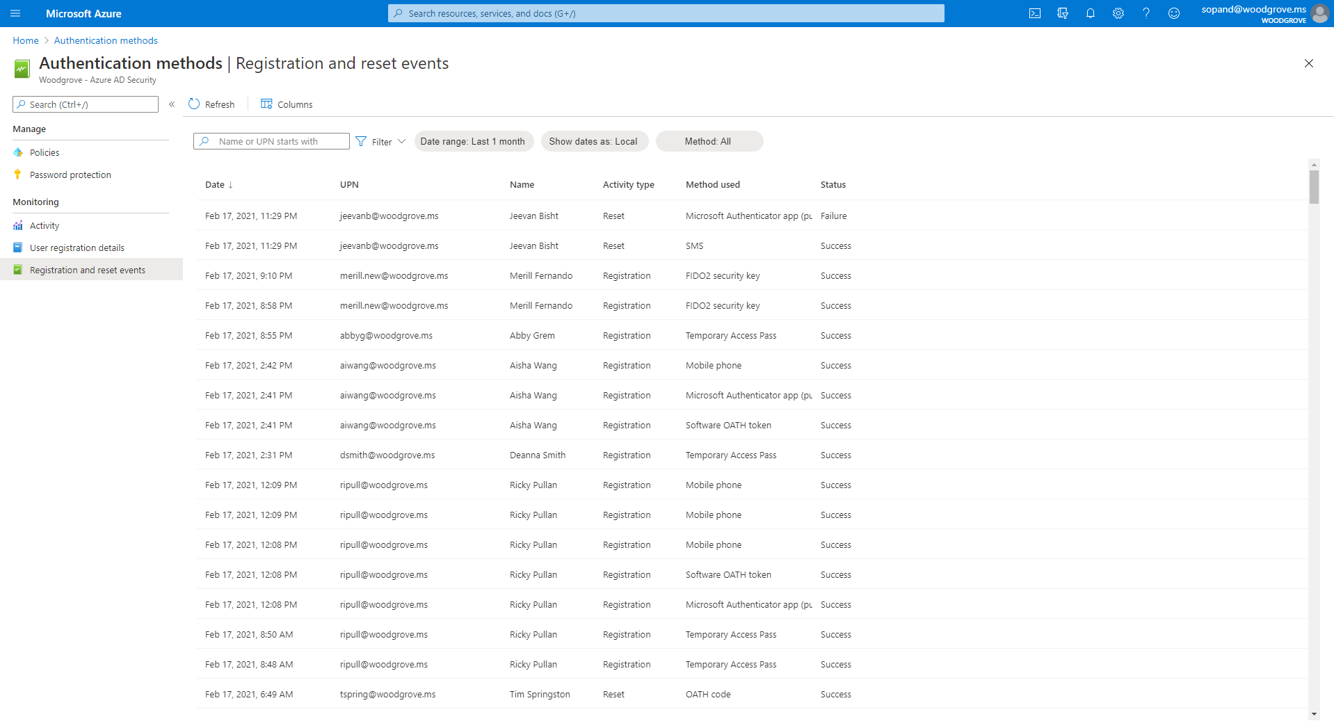 Screenshot of registration and reset events