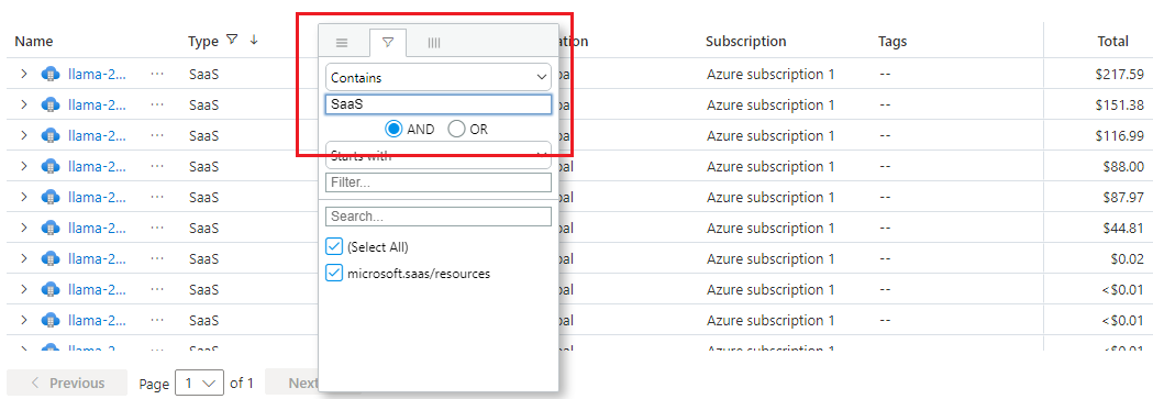 Screenshot of how to filter by resource type containing the string SaaS.