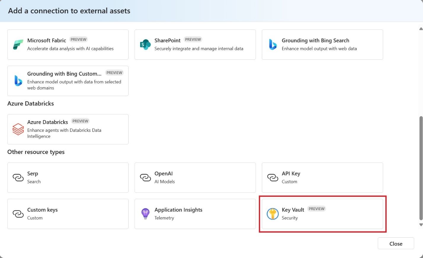 Screenshot of the Azure Key Vault selection dialog with Azure Key Vault selected.