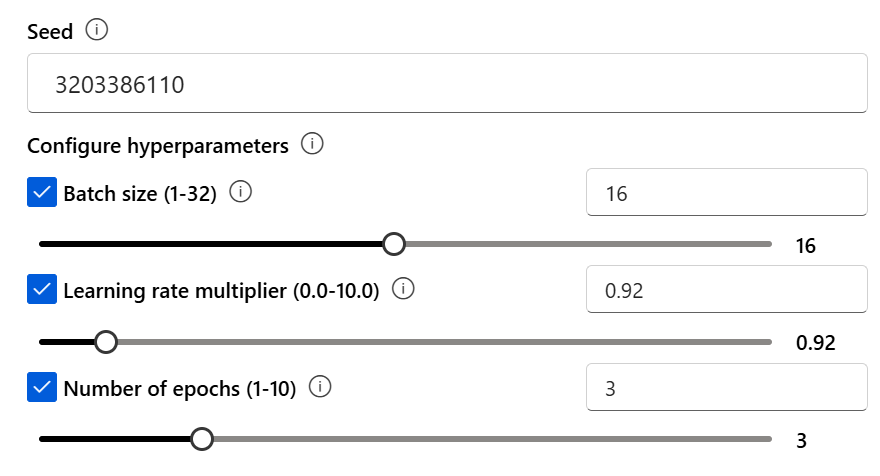 Close up screenshot of the parameters section of the Create custom model wizard in Foundry portal.