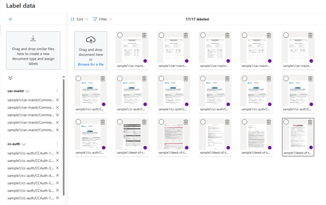 Screenshot that shows Custom classification model labeling in Document Intelligence Studio.