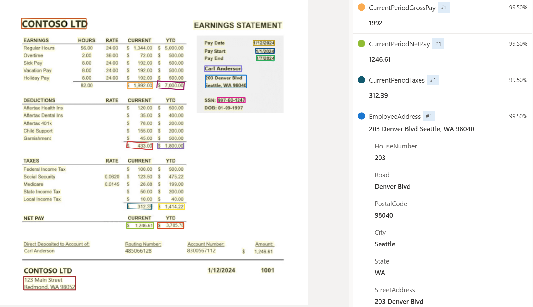 Screenshot that shows pay stub model analysis by using Document Intelligence Studio.