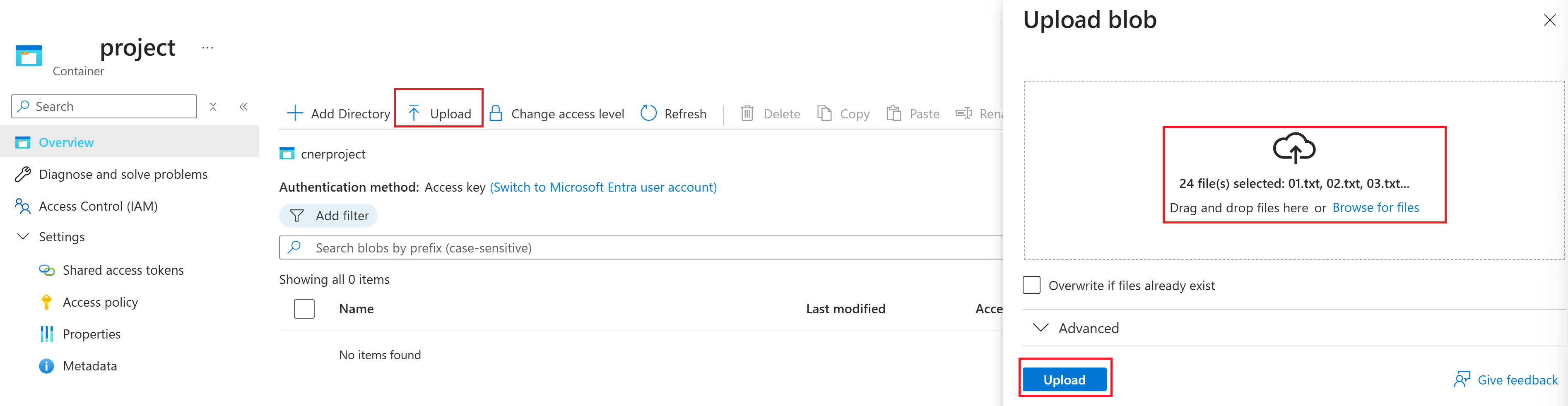 A screenshot showing the button for uploading files to the storage account.
