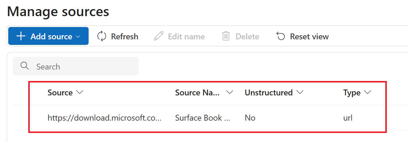 Screenshot of manage sources listing in the Foundry.