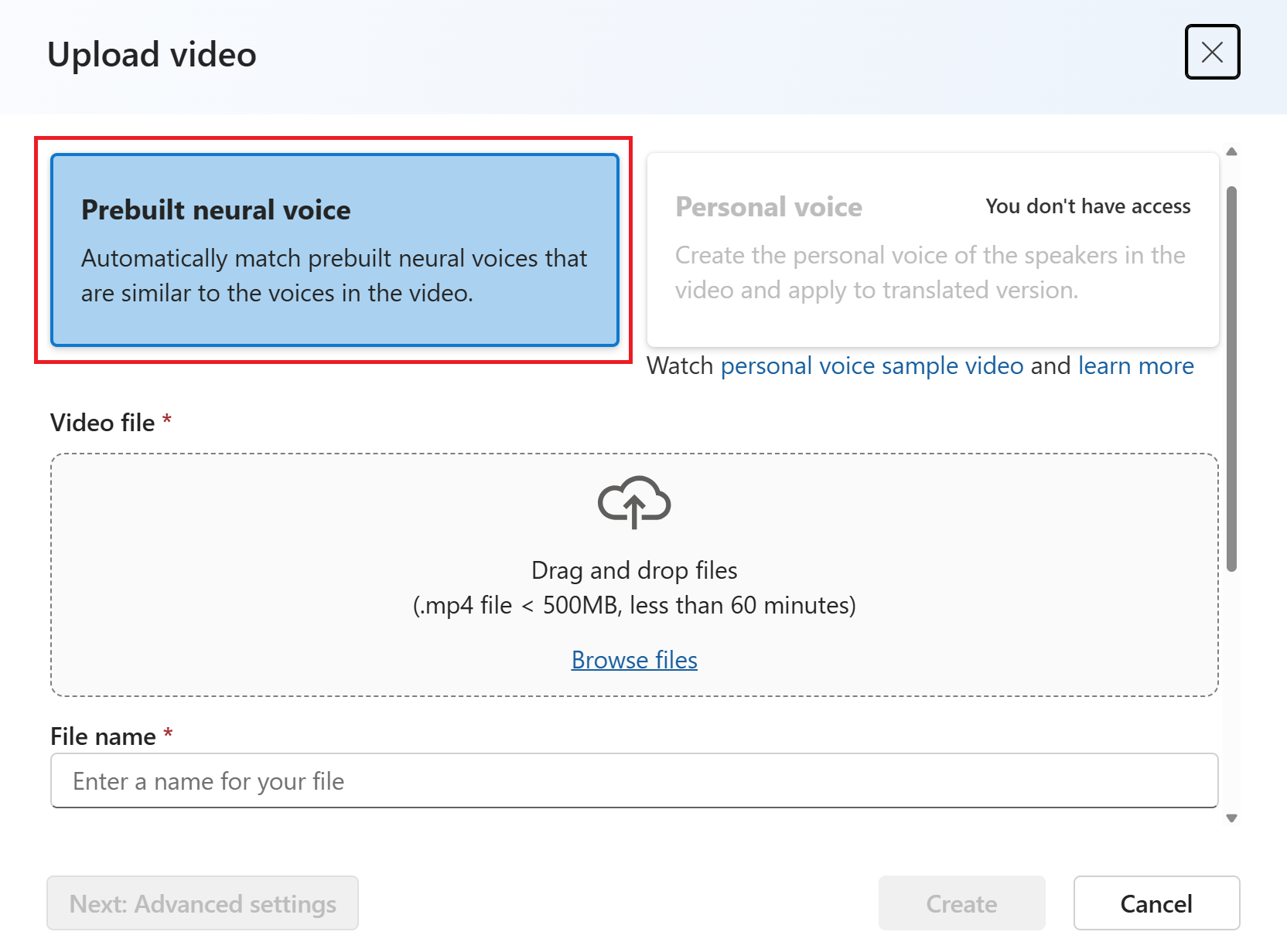 Screenshot of selecting a voice type on the new project page.