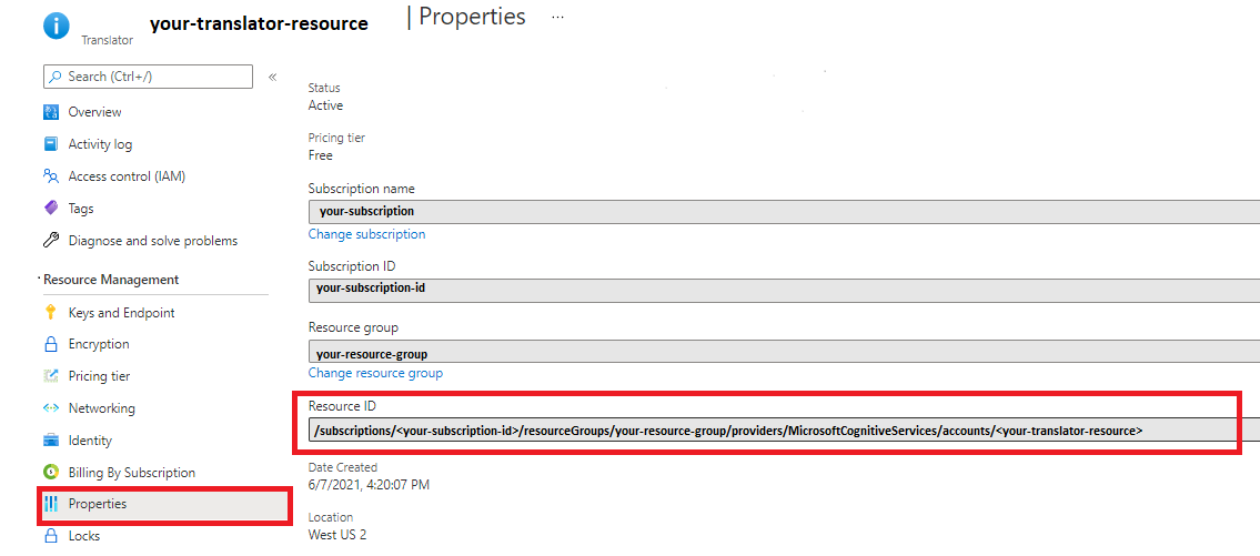 Screenshot:Translator properties page in the Azure portal. 