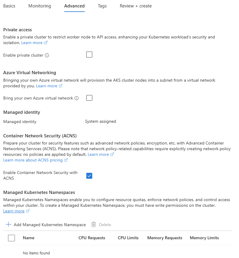 The screenshot of the Advanced Tab while creating an AKS Automatic cluster in the Azure portal.