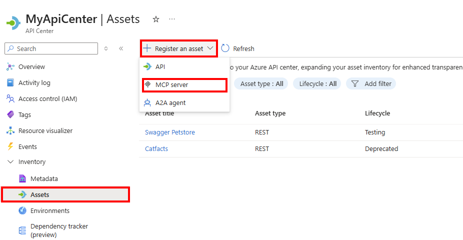 Screenshot showing registration of an MCP server asset in the portal.