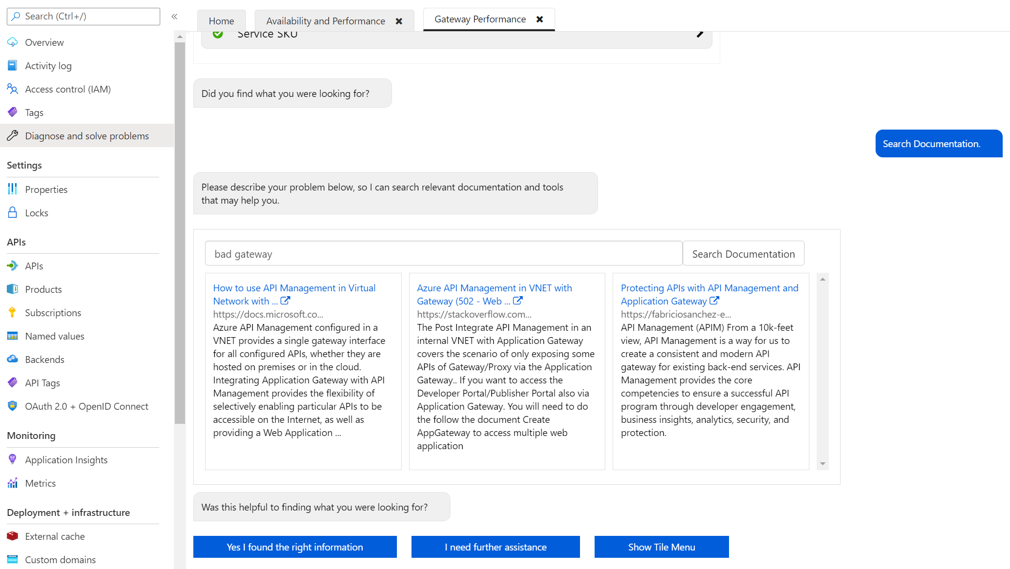 Screenshot showing the results of Search Documentation.