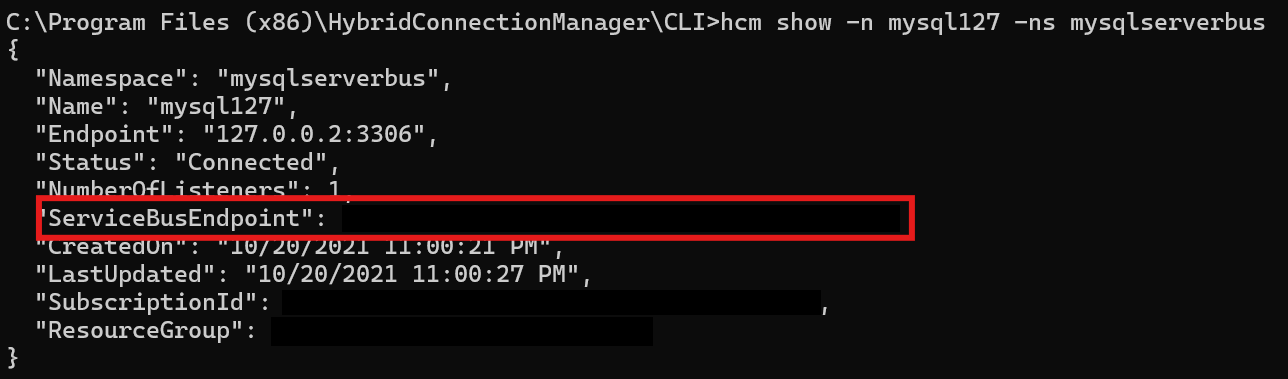 Screenshot of Hybrid Connection Service Bus endpoint in the CLI.