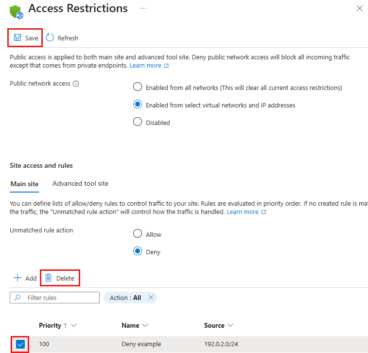 Screenshot of the Access Restrictions pane, showing the Remove ellipsis next to the access restriction rule to be deleted.