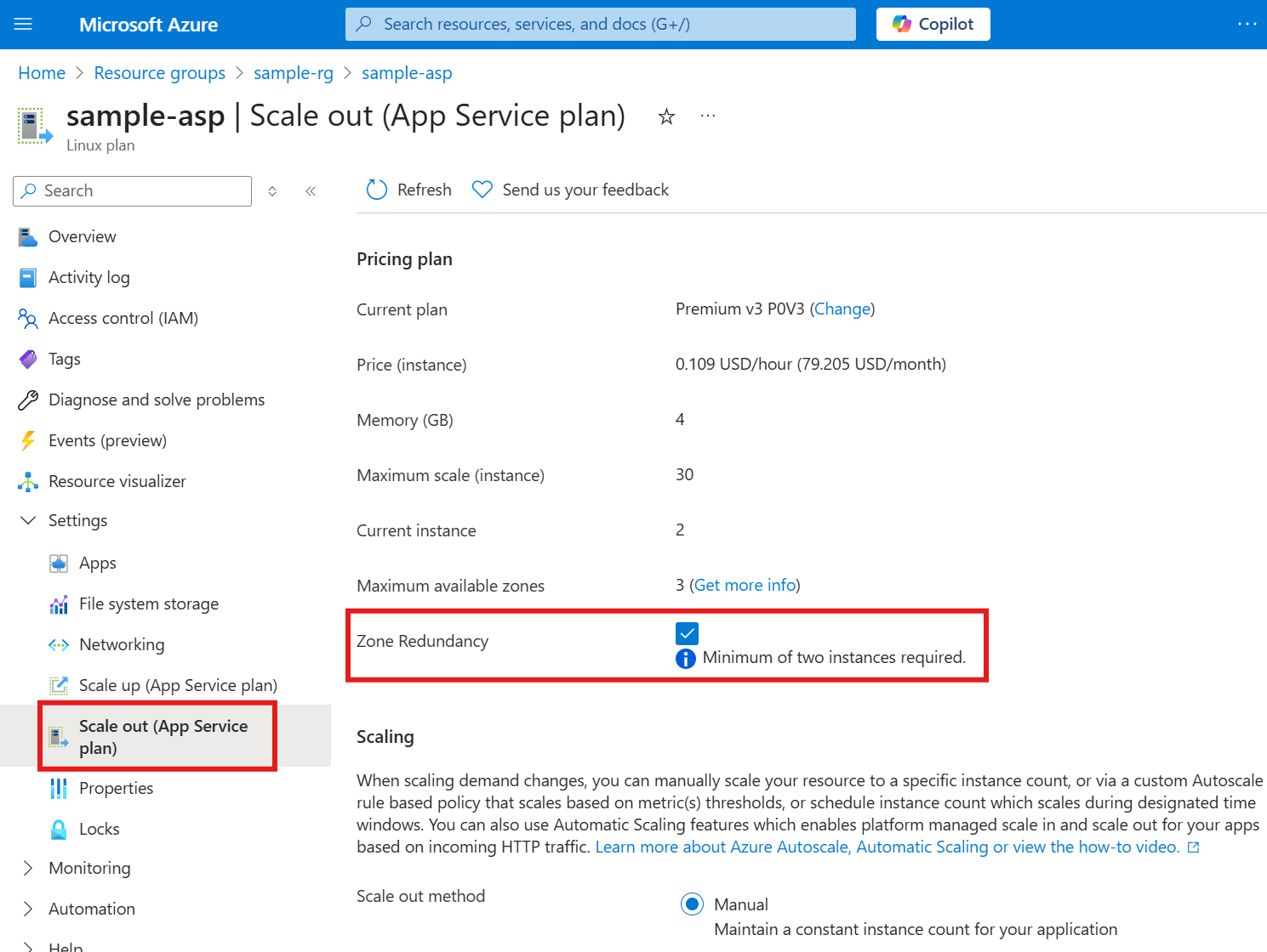 Screenshot of zone redundancy property for an App Service plan in the Azure portal.