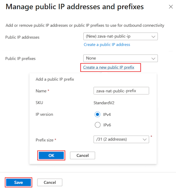 Screenshot that shows how to create a new public IP prefix in the Azure portal.