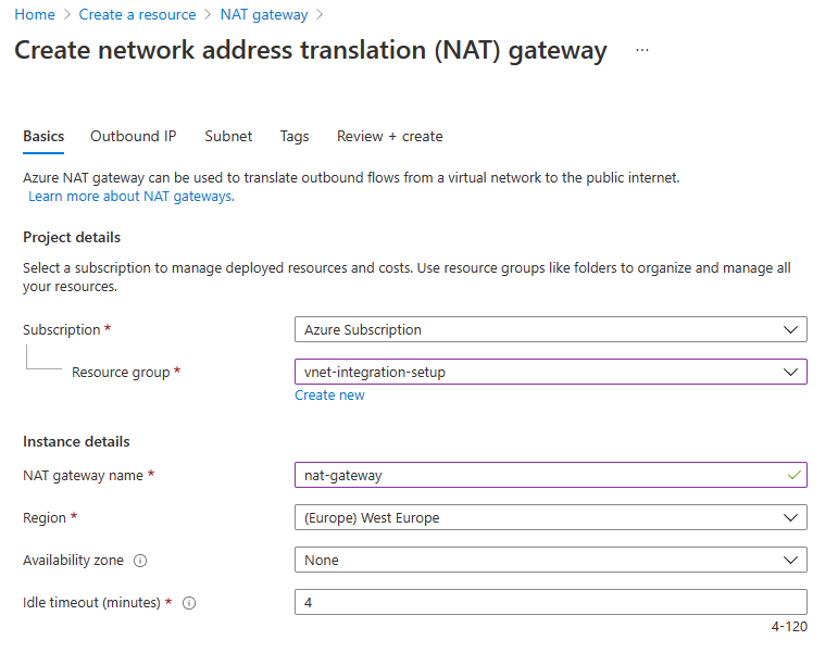 Screenshot of the Basics tab on the page where you create a NAT gateway.
