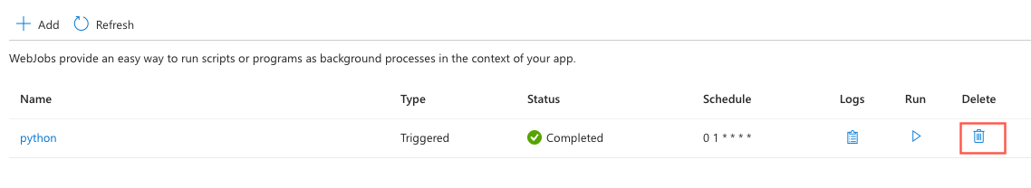 Screenshot showing how you can delete a WebJob in the portal.