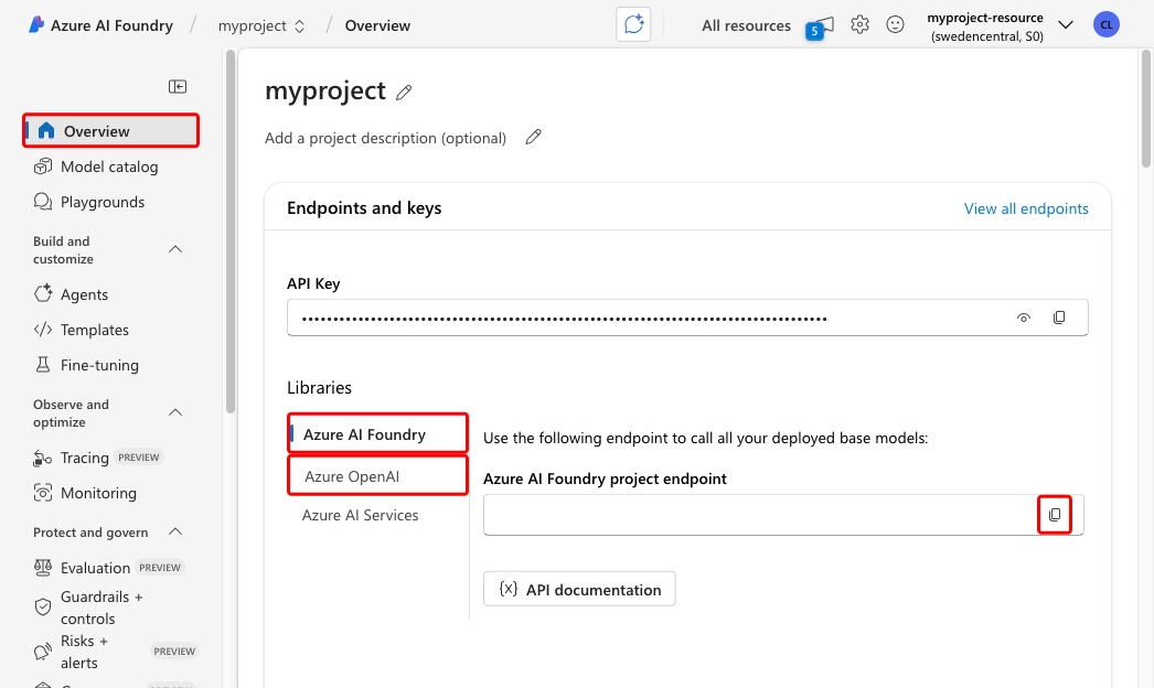 Screenshot showing how to copy the OpenAI endpoint and the foundry project endpoint in the foundry portal.