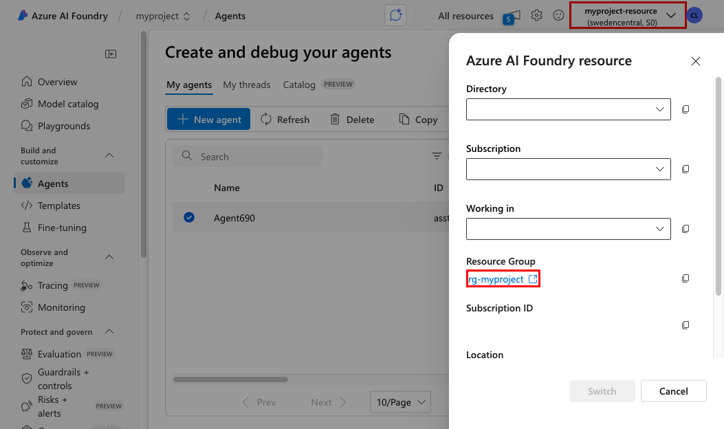 Screenshot showing how to quickly go to the resource group view for the foundry resource in the Azure portal.
